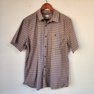 REI CoOp Mens Short Sleeve Button Down Shirt Size L, Brown Stripe, Pocket,Casual